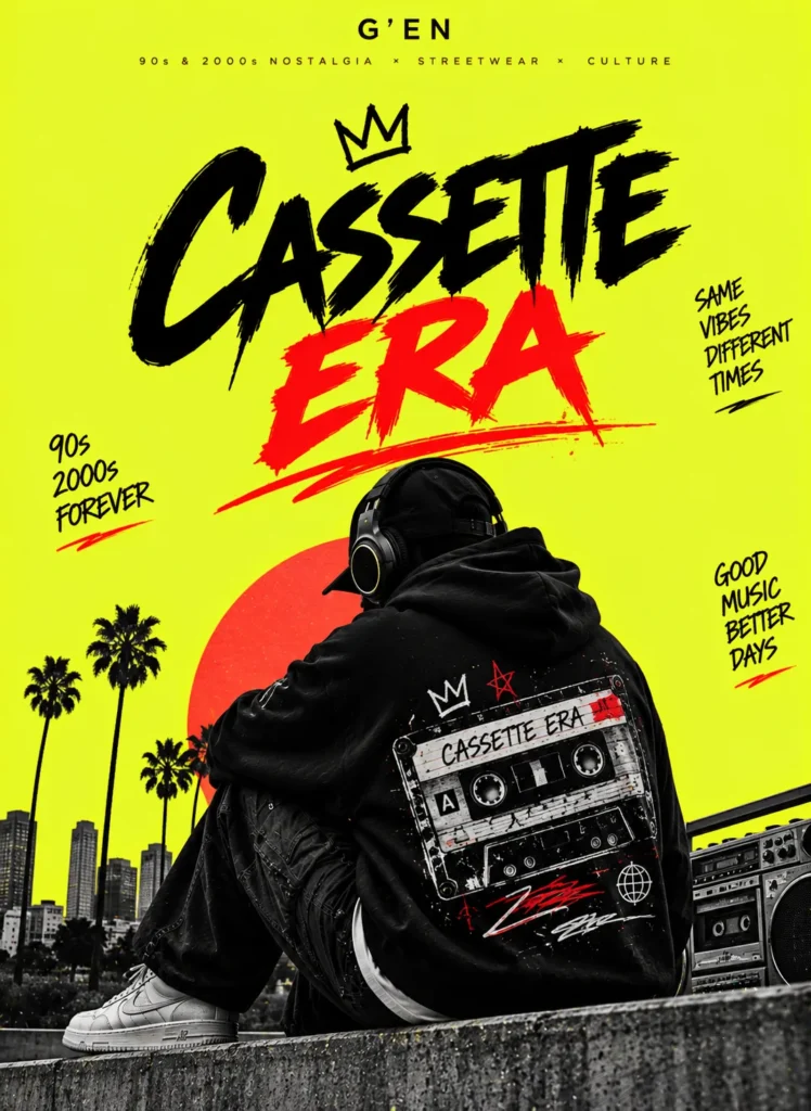 G'EN CASSETTE ERA streetwear banner featuring a faceless model in an oversized black hoodie, vintage cassette tapes, retro electronics, and bold typography against a signature neon-yellow background.