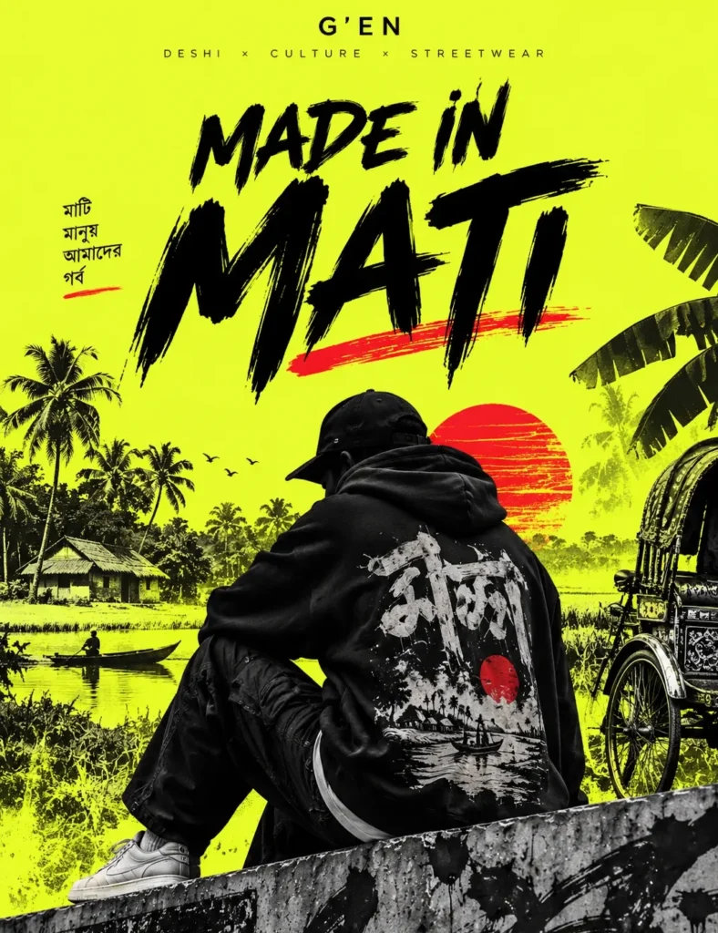 G'EN MADE IN MATI streetwear banner featuring a faceless model in an oversized black hoodie, surrounded by traditional Bangladeshi village scenery, palm trees, a riverboat, and a rickshaw, with bold black typography against a neon-yellow background.
