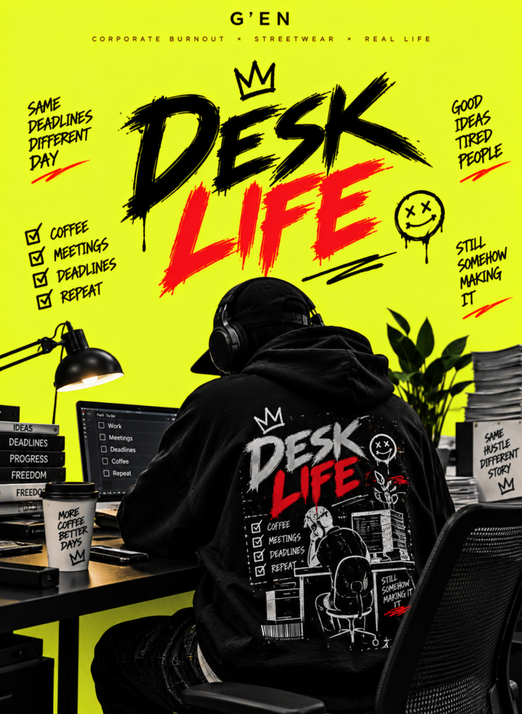 G'EN DESK LIFE streetwear banner featuring a faceless office worker in an oversized black graphic hoodie, seated at a cluttered desk with a laptop, coffee cup, paperwork, and office accessories, surrounded by bold typography against a neon-yellow background.