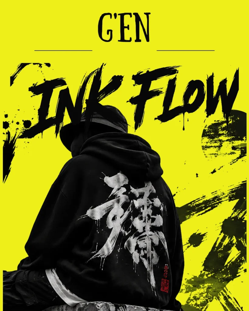 G'EN INK FLOW streetwear banner featuring a faceless model in an oversized black hoodie with white calligraphic graphics, expressive ink brushstrokes, and bold typography against a neon-yellow background.