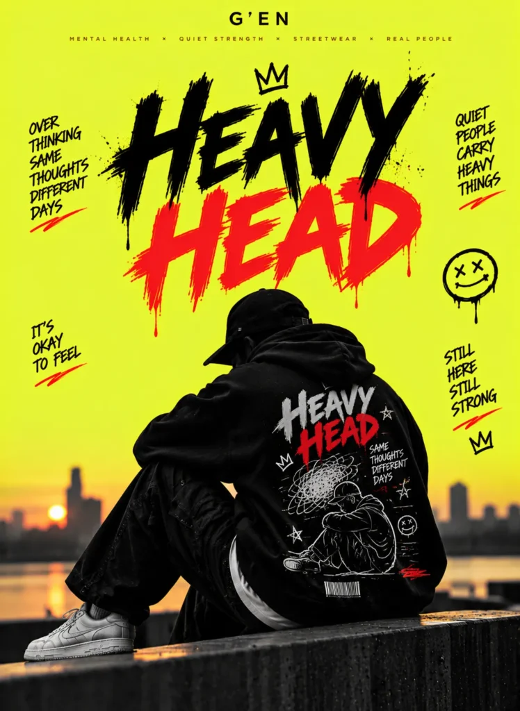 G'EN HEAVY HEAD streetwear banner featuring a faceless model in an oversized black graphic hoodie, sitting alone against a sunset city skyline, with expressive typography and messages about mental health, overthinking, and inner strength on a neon-yellow background.