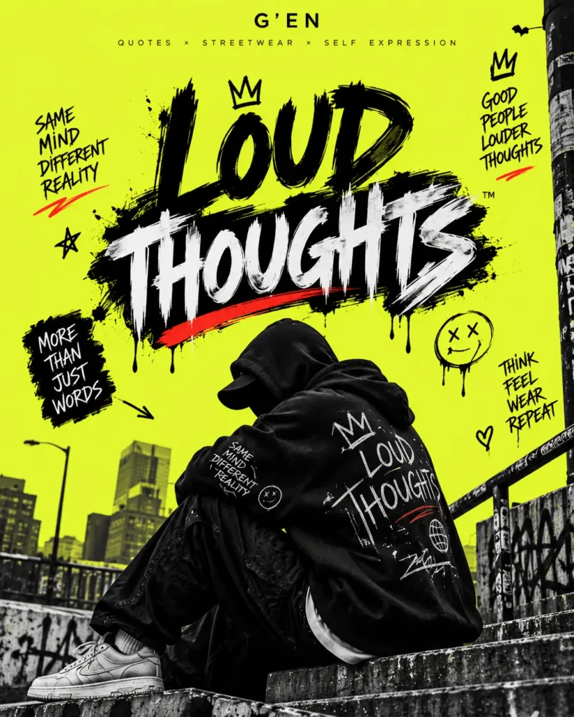 G'EN LOUD THOUGHTS streetwear banner featuring a faceless model in an oversized black graphic hoodie, bold handwritten quotes, graffiti-style typography, and expressive illustrations against a neon-yellow urban backdrop.