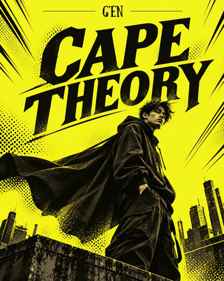 G'EN CAPE THEORY streetwear banner featuring bold black typography, a fashion model in dark streetwear with a flowing cape, and a comic-inspired city backdrop on a neon-yellow background.