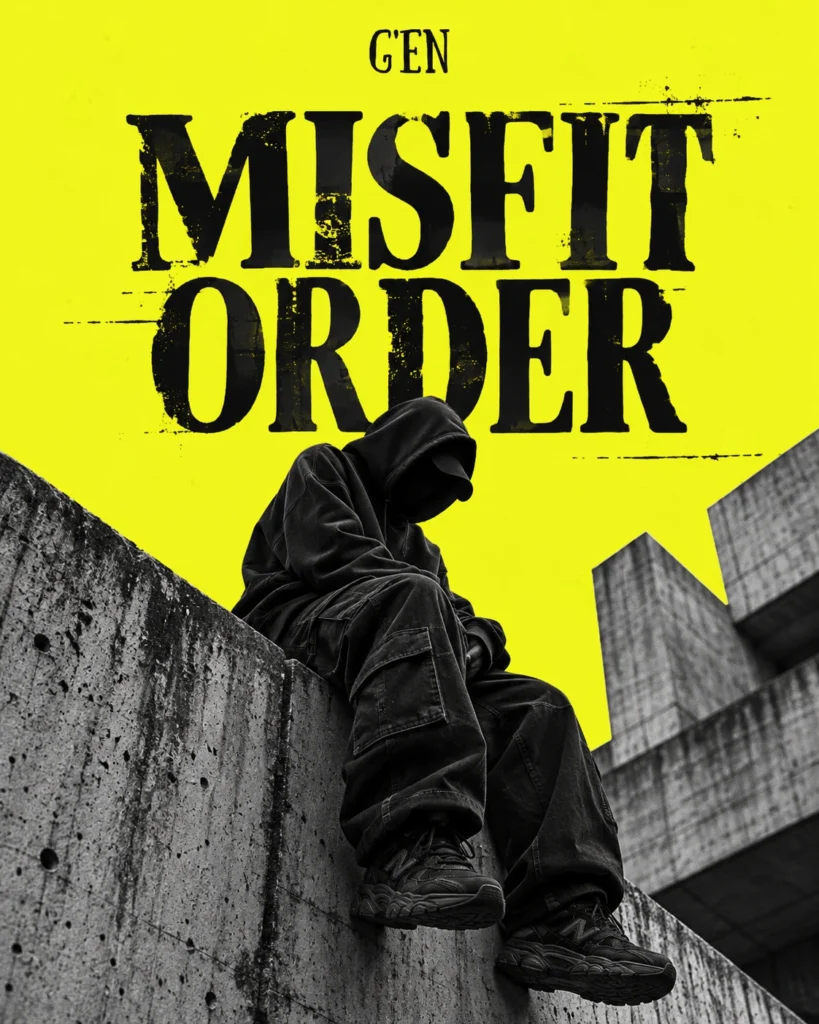 G'EN MISFIT ORDER streetwear banner featuring a faceless hooded figure wearing oversized black clothing, seated on a raw concrete structure with bold black typography against a neon-yellow background.