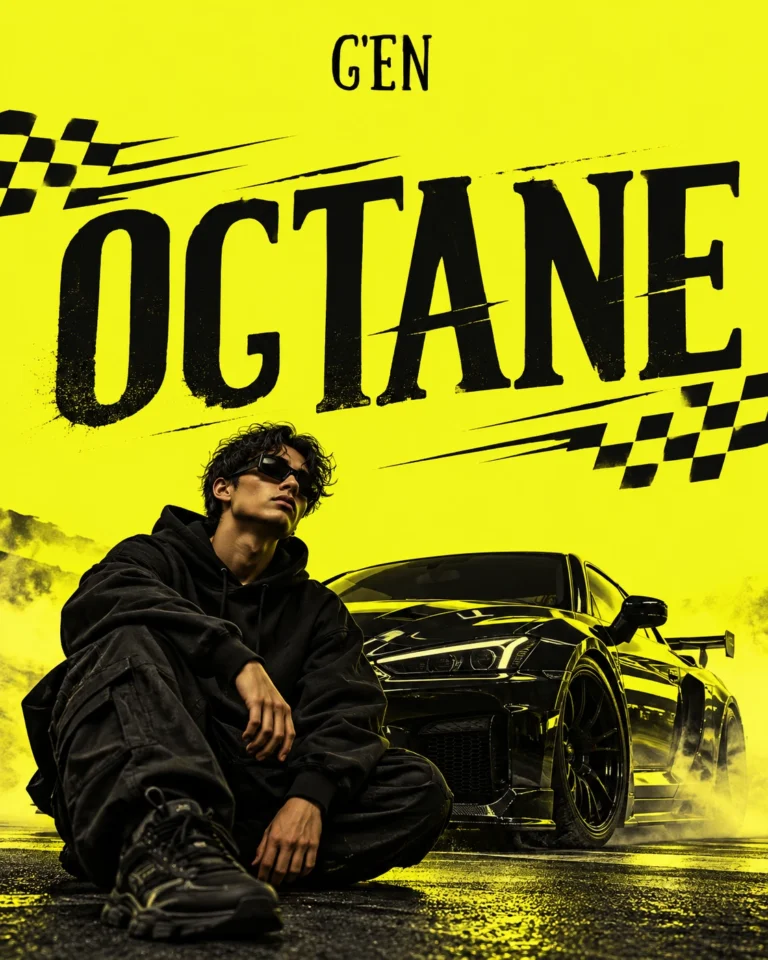 G'EN OCTANE streetwear banner featuring a model in an oversized black hoodie beside a black sports car, with bold OCTANE typography on a neon-yellow background.