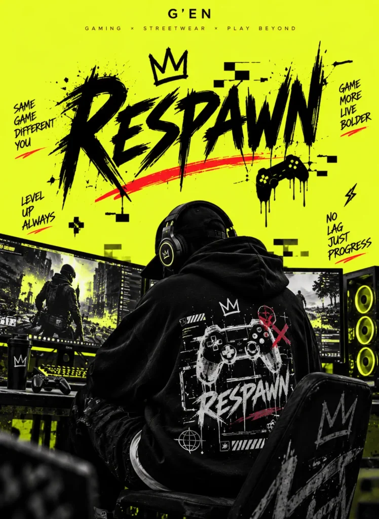 G'EN RESPAWN gaming streetwear banner featuring a faceless gamer in an oversized black graphic hoodie, surrounded by gaming monitors, controllers, and bold graffiti-style typography against a neon-yellow background.