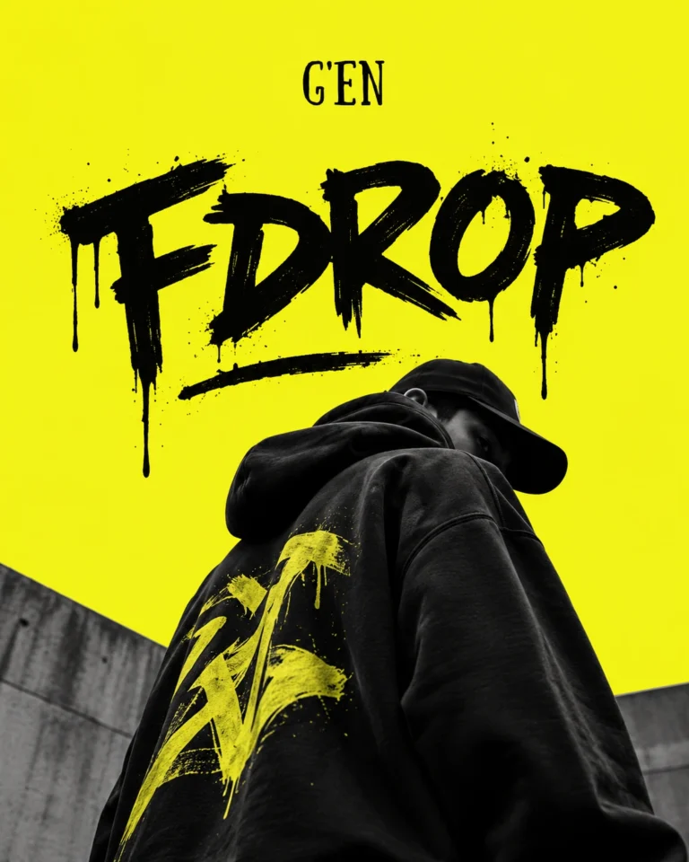 G'EN FDROP streetwear banner featuring bold black typography, an oversized black hoodie, urban concrete elements, and a vibrant neon-yellow background.