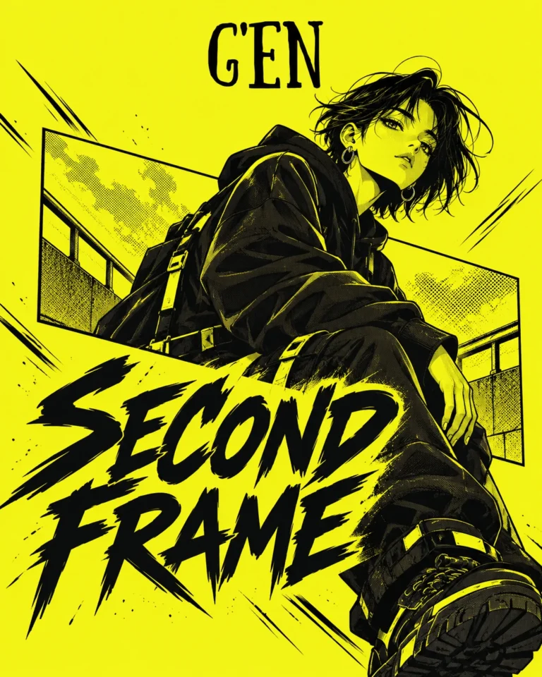 G'EN SECOND FRAME streetwear banner featuring an anime-inspired illustrated character in oversized dark streetwear with bold black typography on a neon-yellow background.