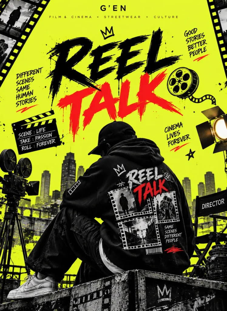 G'EN REEL TALK streetwear banner featuring a faceless model in an oversized black graphic hoodie, surrounded by vintage film cameras, cinema reels, film strips, and a director's chair, with bold typography against a neon-yellow background.