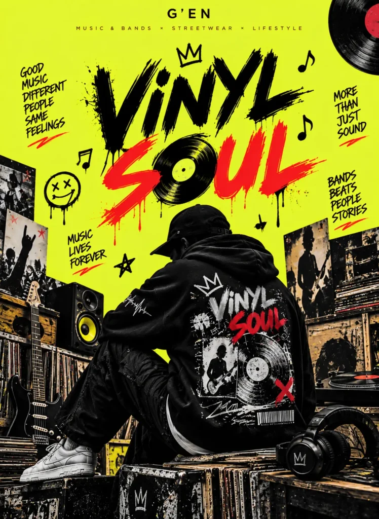 G'EN VINYL SOUL streetwear banner featuring a faceless model in an oversized black graphic hoodie, surrounded by vinyl records, electric guitars, speakers, headphones, and music-inspired artwork, with bold typography against a neon-yellow background.